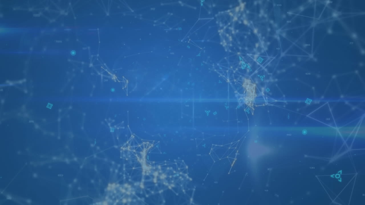 Animation of security padlock icon, network of profile icons against blue background