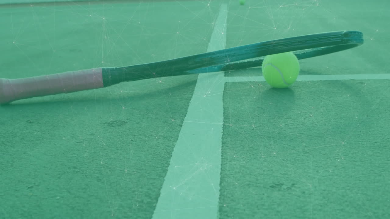 Tennis racket and ball leaning diagonally across green court line, showing pink grip flat design