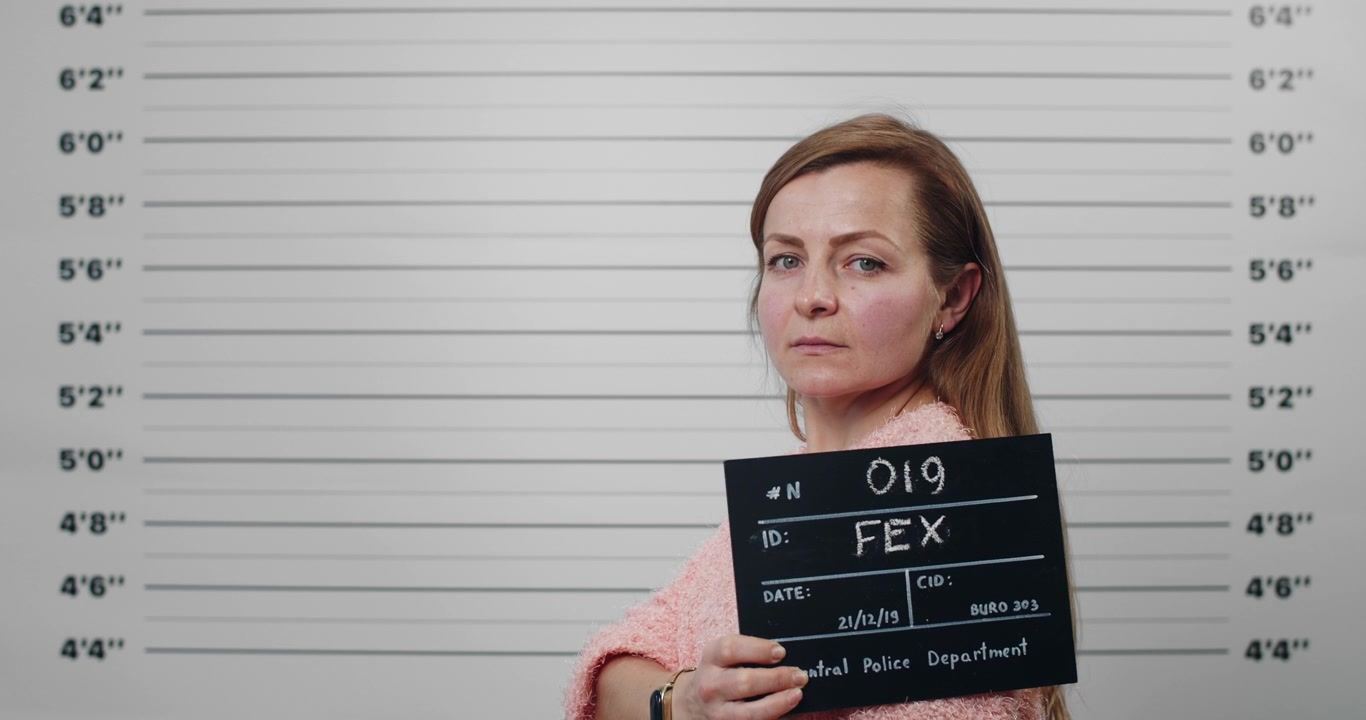 Woman Holding Mugshot Board Against Police Lineup Background