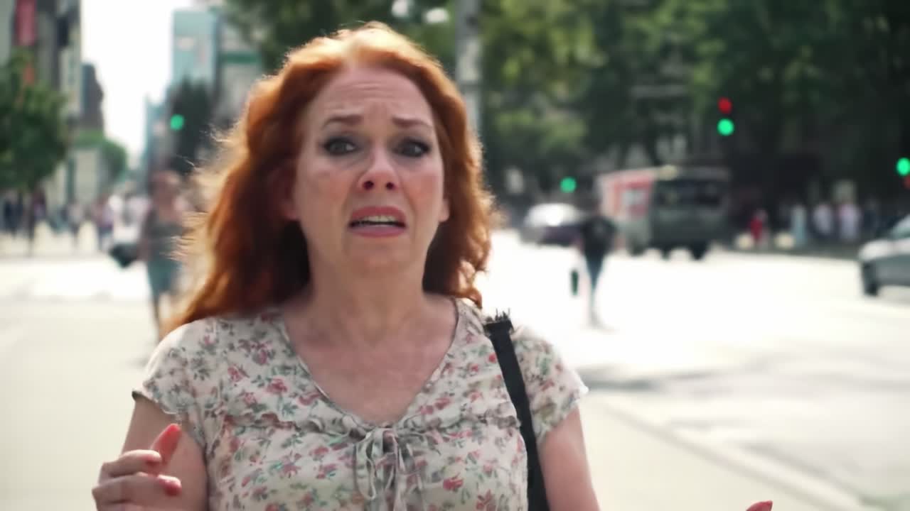 A woman in a city street shows distress, capturing a moment filled with emotion as she navigates a bustling urban environment filled with people and traffic