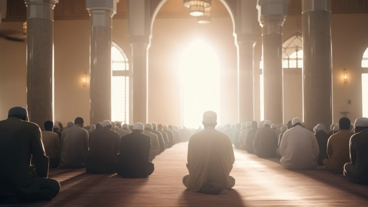 A serene video still of people praying in a mosque, captured from a low angle