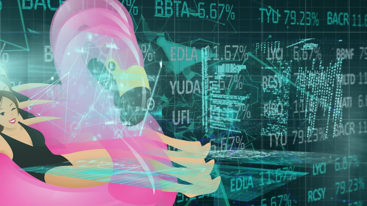 비키니를 입은 백인 여성과 부풀어오르는 플라밍고를 가로질러 움직이는 다양한 금융 데이터의 애니메이션
