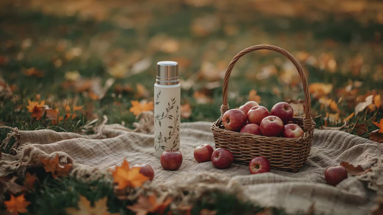 Pushing camera closing view on picnic arrangement at park to show basket with apples and thermos