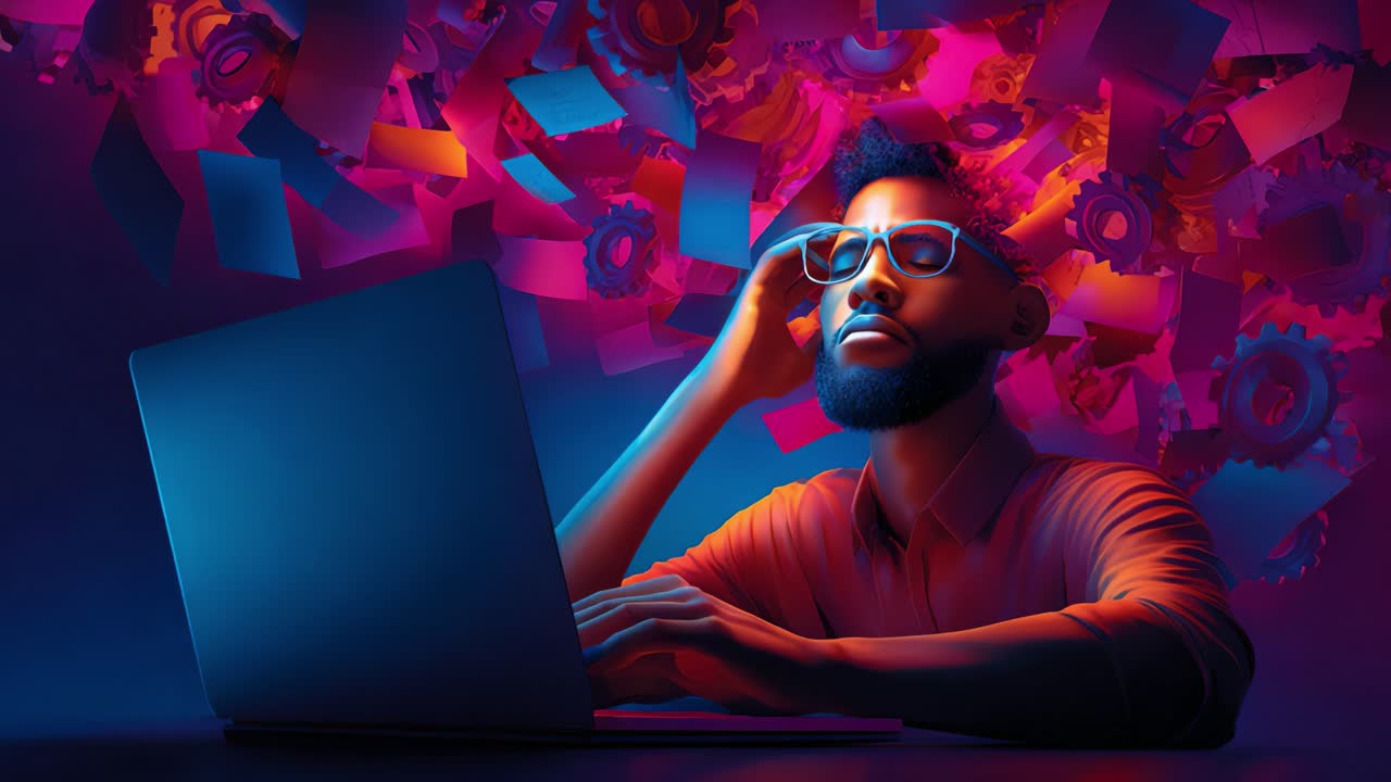 A deep thinker immersed in a world of creativity, surrounded by vibrant colors and floating papers, symbolizing the connection between technology and human innovation