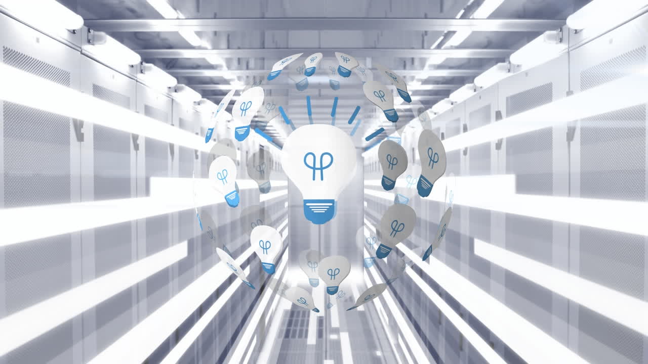 Animation of globe made of bulbs in grey tunnel