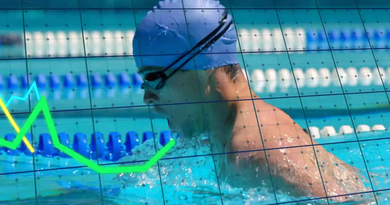 Vertical video: Male swimmer lifting head to breathe during sports with data graphs crossing torso