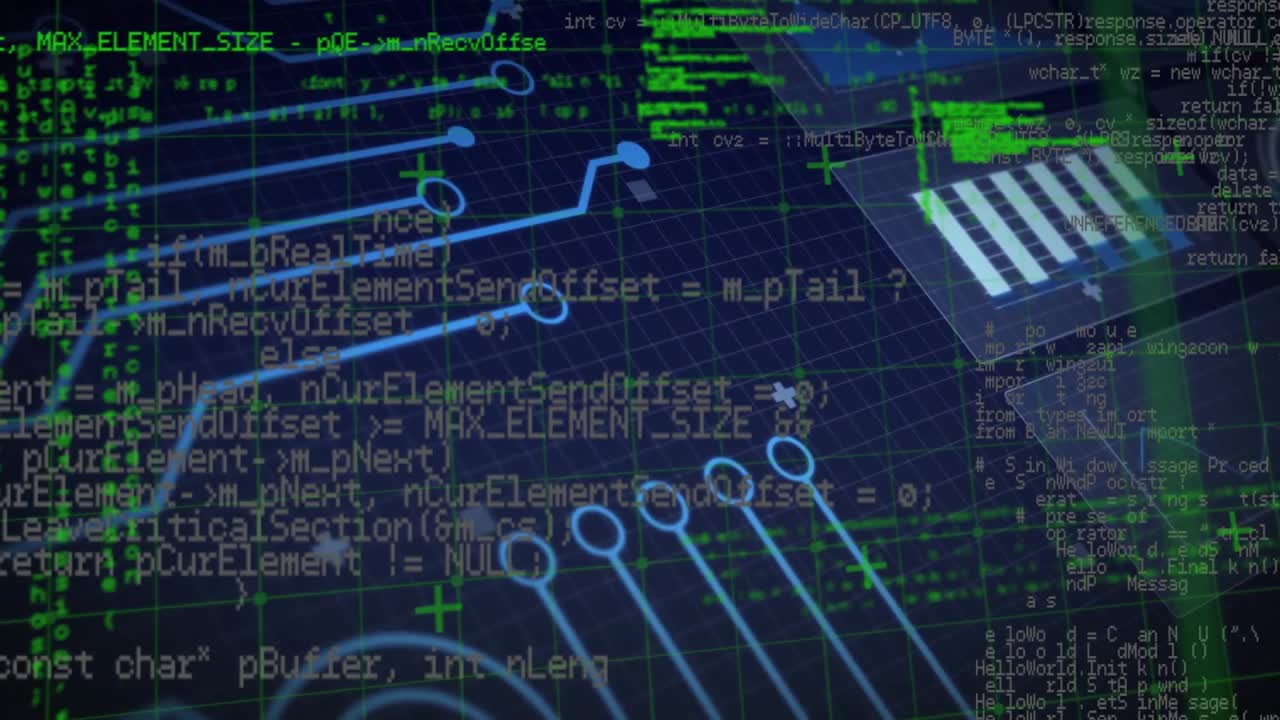 Neon grid lighting up code streaming circuits pulsing chart emerging plus signs displaying data
