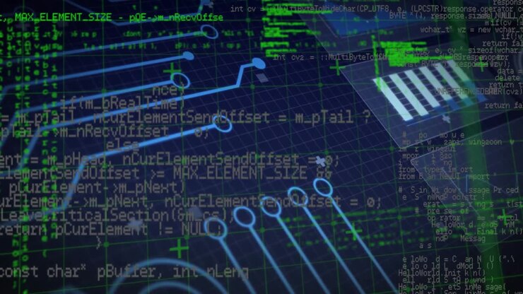Neon grid lighting up code streaming circuits pulsing chart emerging plus signs displaying data