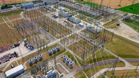 Aerial-View-Of-Electrical-District-Substation---drone-shot