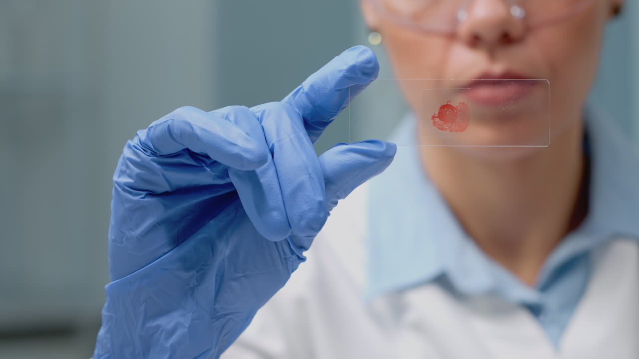 Scientist examining blood sample on slide in laboratory