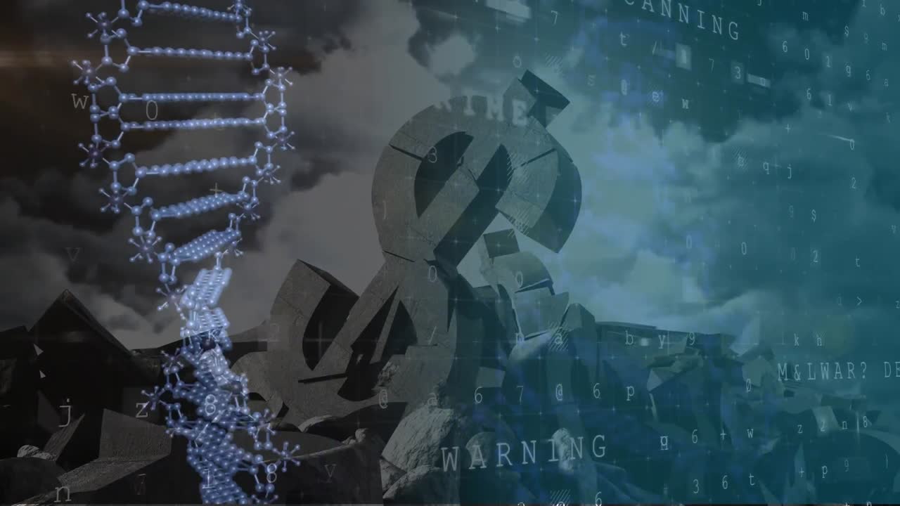 구름과 데이터 기록과 함께 파괴 된 미국 달러 기호에 대한 dna 스트레인의 애니메이션