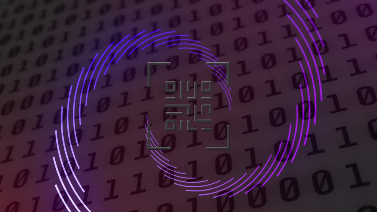 animación de código qr y formas púrpuras giratorias sobre codificación binaria