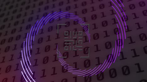 Animation-of-qr-code-and-spinning-purple-shapes-over-binary-coding