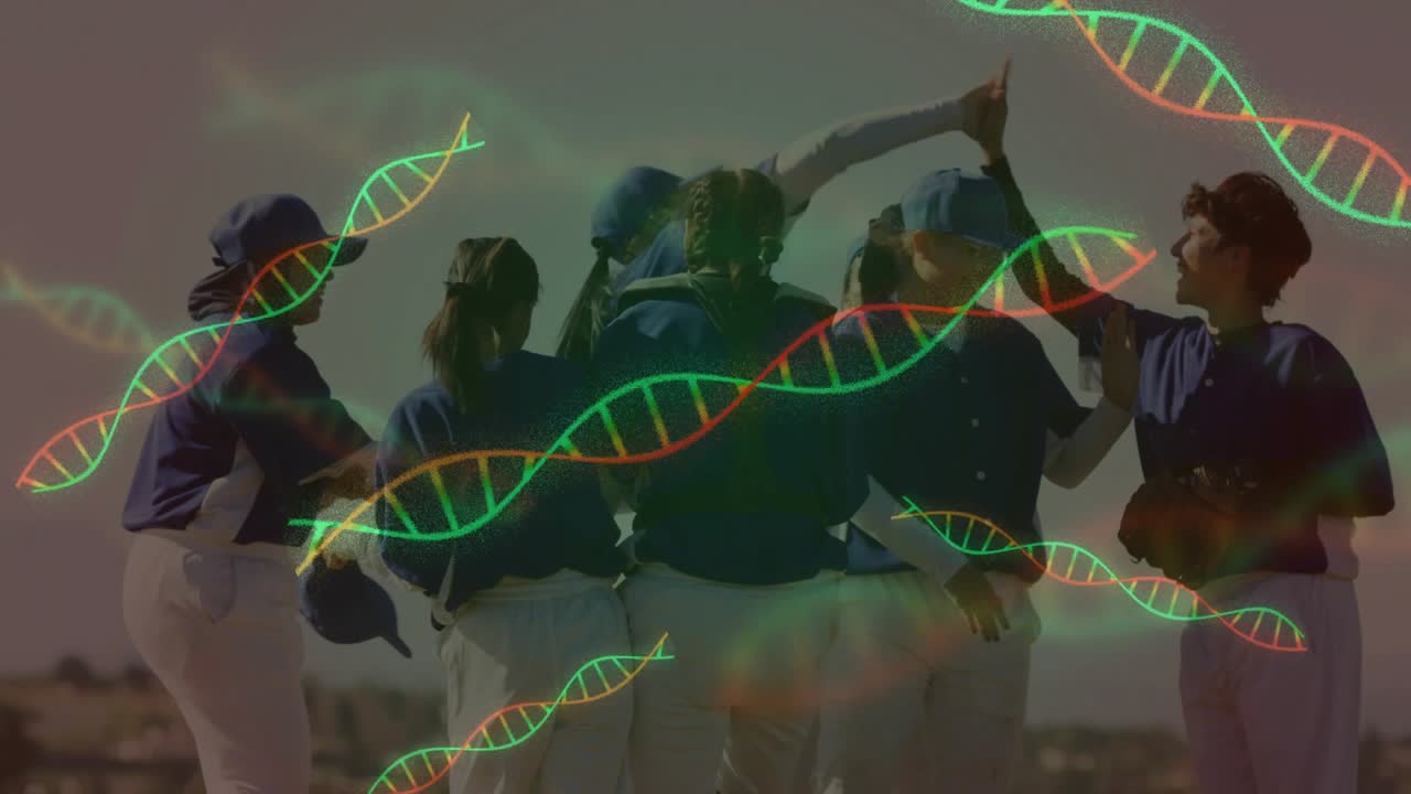Female baseball players gathering, exchanging high-fives with DNA strands boosting sports spirit