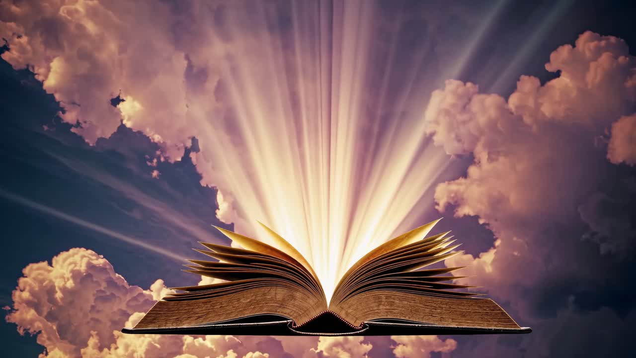 Un libro aperto mistico con raggi di luce su un cielo nuvoloso, catturato da un angolo basso