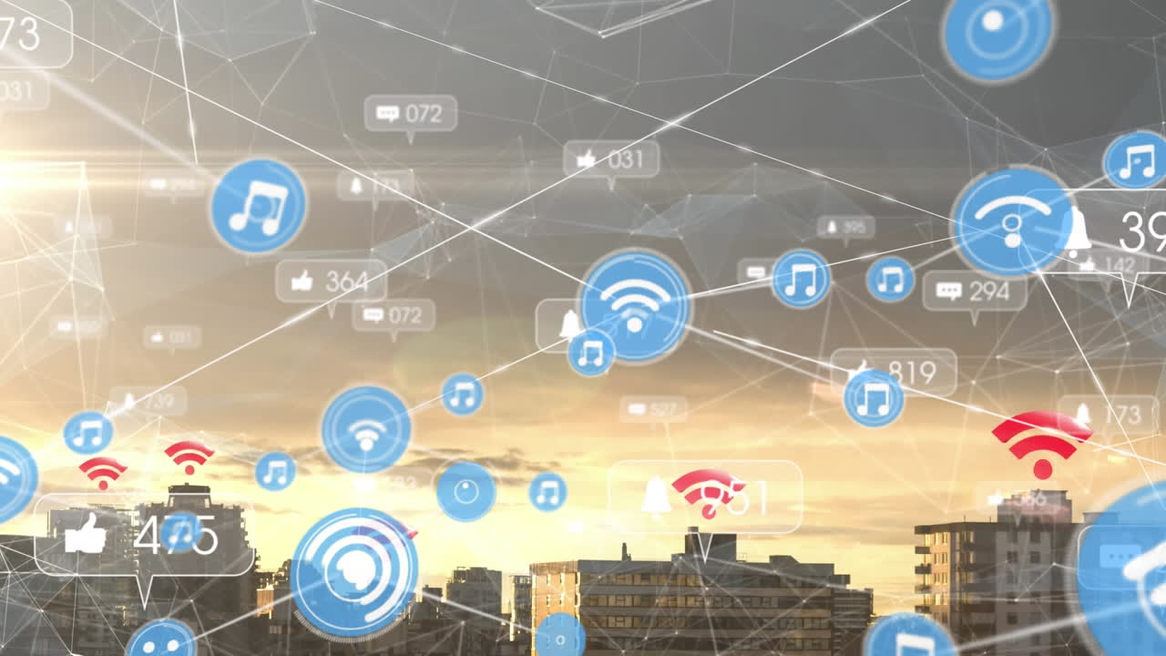 이 비디오는 도시 풍경 위에 떠다니는 소셜 미디어 아이콘을 보여줍니다.