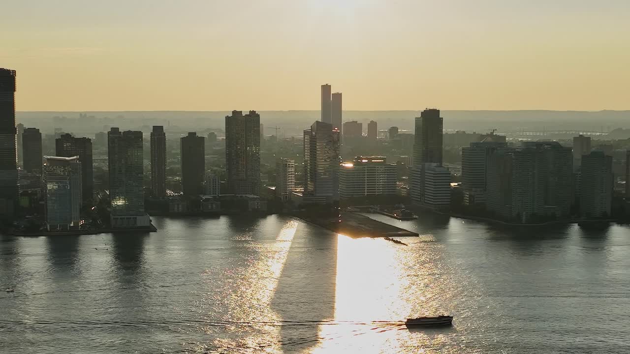 Stunning aerial view of New York City skyline during sunset
