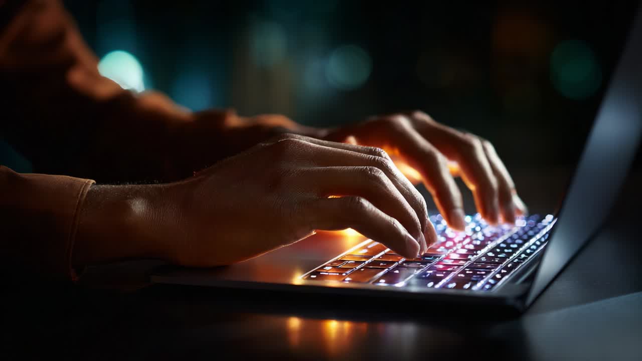 Primo piano di mani che digitano su una tastiera retroilluminata di un laptop, illuminate da luci colorate in un ambiente buio, catturando l'essenza della creatività digitale e dell'uso della tecnologia moderna