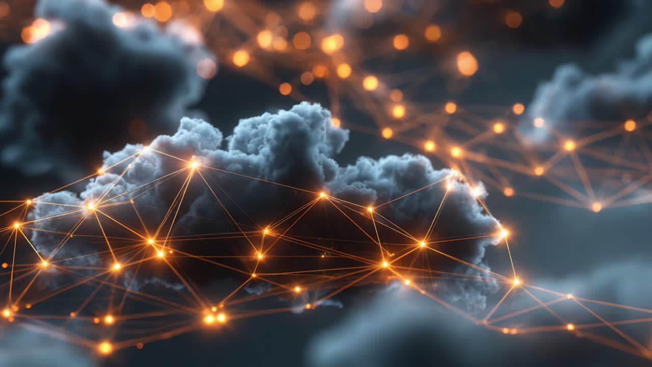 A Stunning Visualization of Abstract Connectivity, Depicting Cloud Structures Intertwined with Illuminated Network Patterns in a Digital Universe