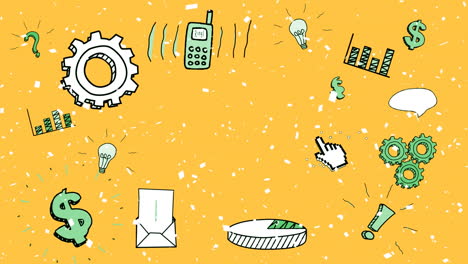 animación digital de confeti que cae sobre varios iconos de conceptos de negocios sobre un fondo amarillo