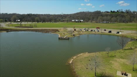 drone flyover of fishing pond at liberty park in clarksville, tennessee