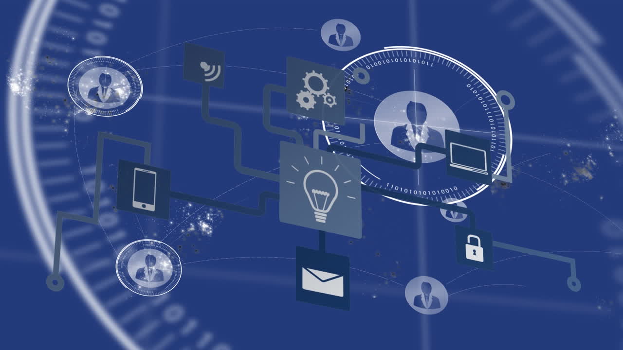Animation of computer application icons flowchart over profile icons against blue background