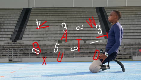 animation of changing numbers, letters, tired disable african american athlete on knees in ground