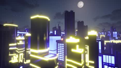 ciudad de ciencia ficción con luces de neón de colores brillantes en la noche con una gran luna y estrellas brillantes cámara de animación 3d dolly up