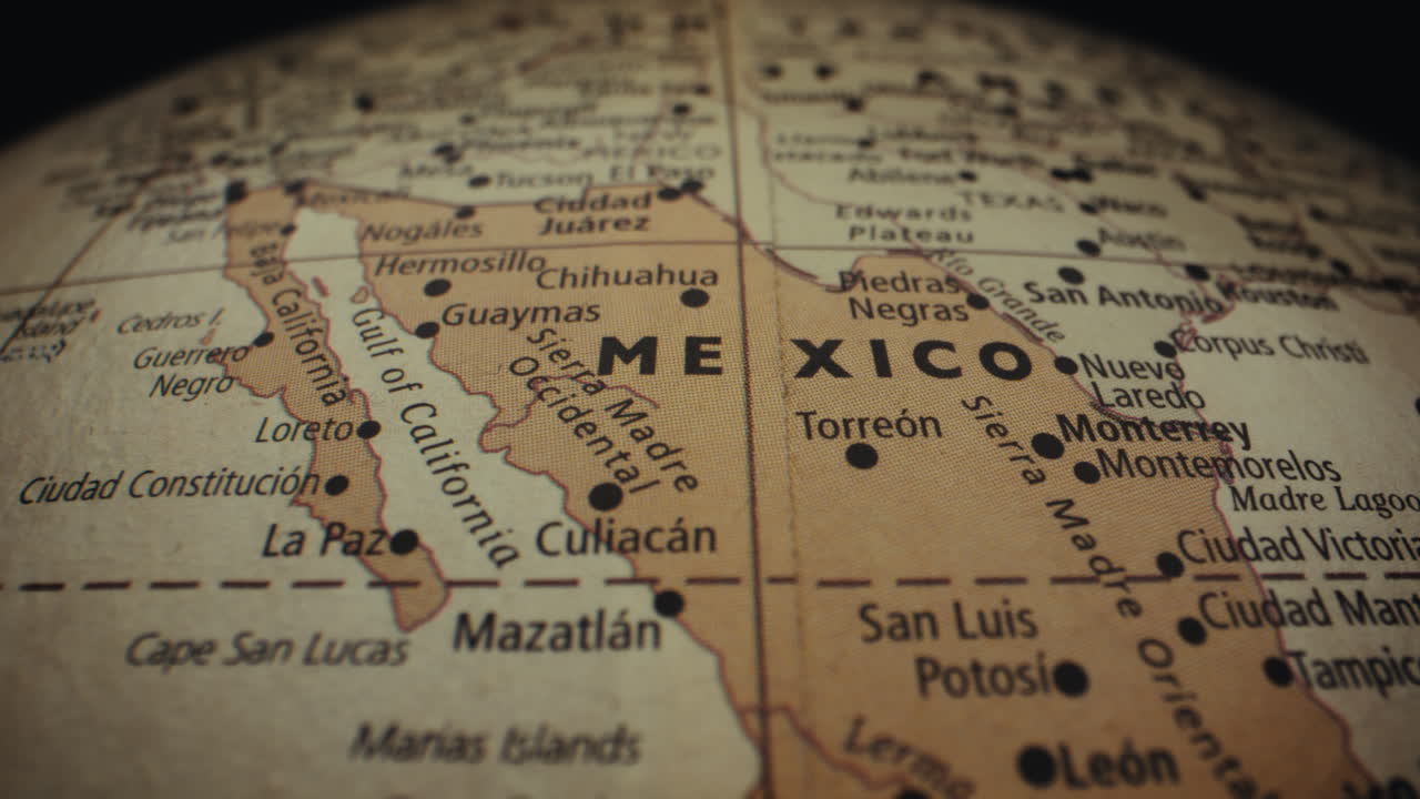 Close-up of a vintage world map focusing on Mexico