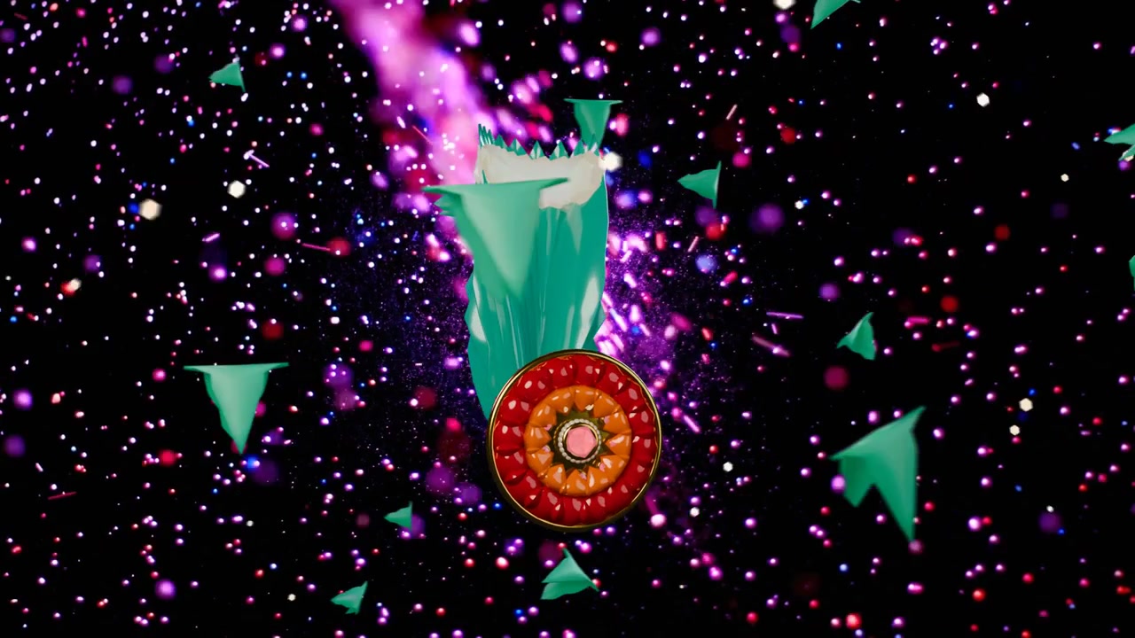 Nebula brightening spurring teal column and red wheel rotating, shards orbiting to accent assembly
