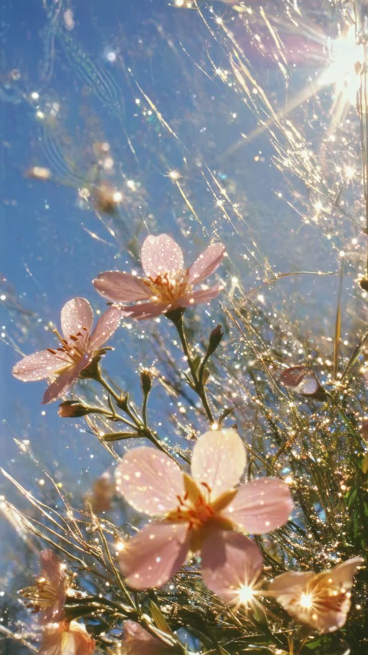 Low-angle video capture of delicate pink flowers glistening in sunlight, with a dreamy, ethereal