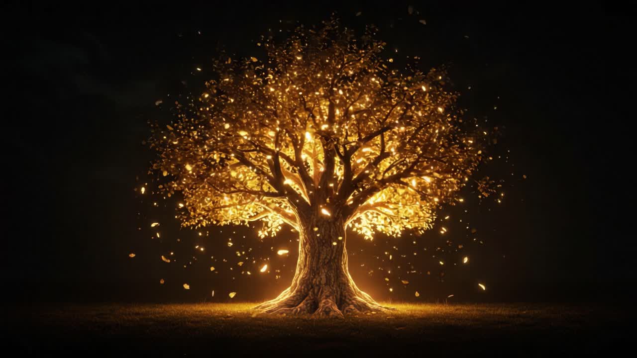 A Mystical Tree Radiating Light: A Stunning Display of Nature's Beauty with Glowing Leaves and Sparkling Particles in a Darkened Landscape