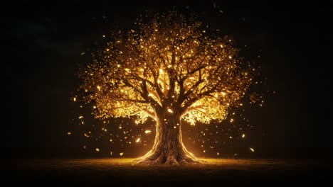 a mystical tree radiating light: a stunning display of nature's beauty with glowing leaves and sparkling particles in a darkened landscape