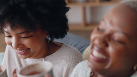 Chocolate-drink-and-black-woman-friends-on-sofa