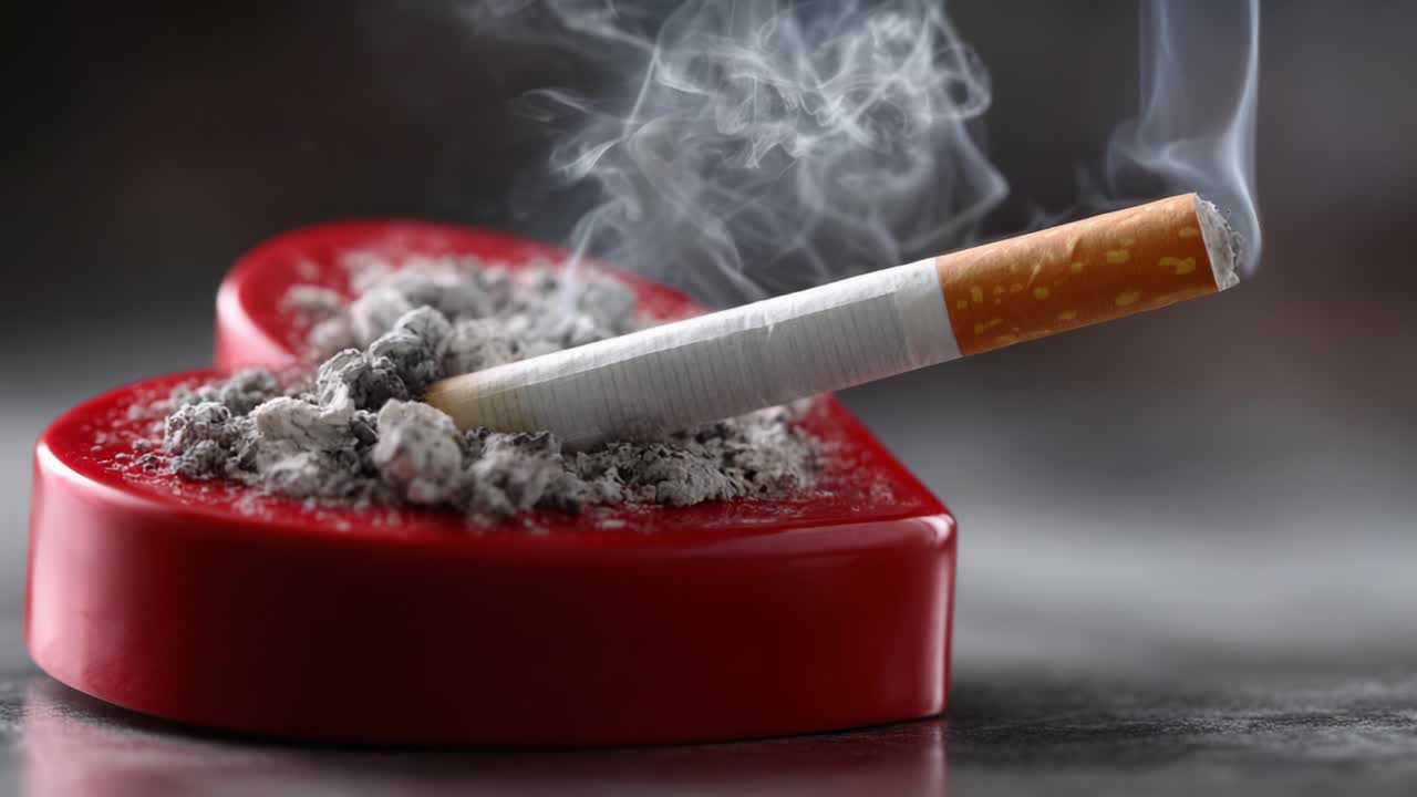 A Close-Up View of a Cigarette Resting on Ashes Within a Heart-Shaped Ashtray, Symbolizing the Complex Relationship Between Love and Addiction
