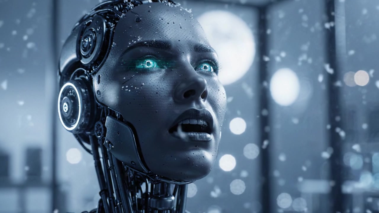 Un robot umanoide futuristico con occhi blu luminosi guarda in alto con meraviglia, circondato da fiocchi di neve che cadono dolcemente in un ambiente ad alta tecnologia e poco illuminato.