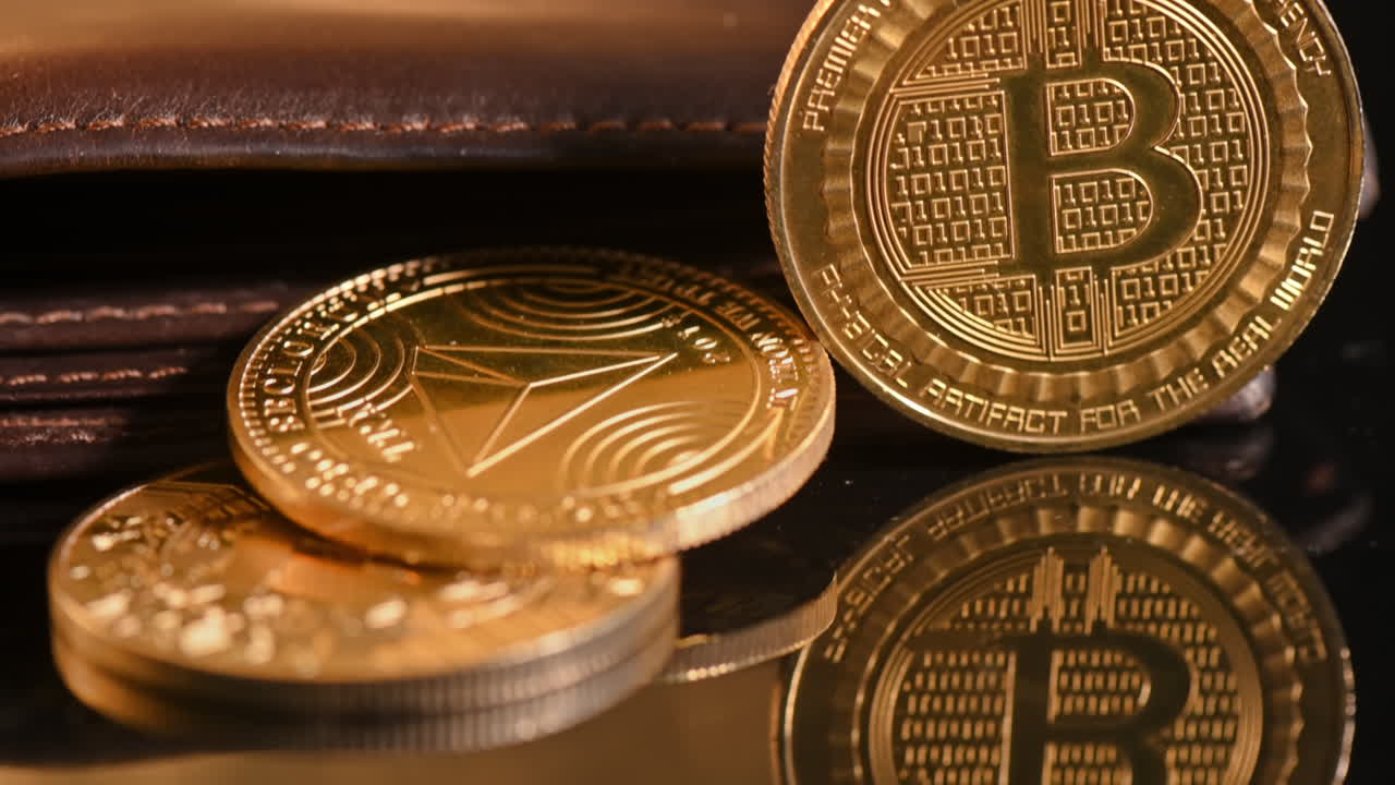 Close view of physical crypto coins spilled out of the wallet, golden Bitcoin