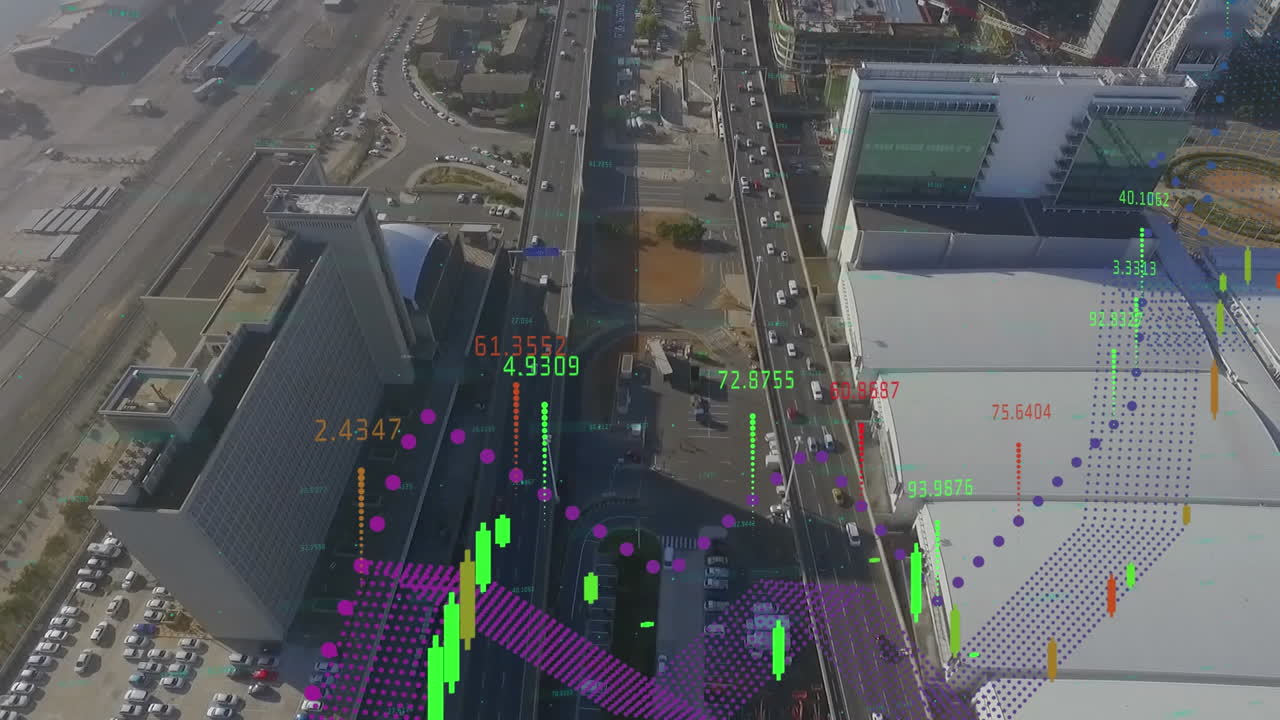 도시 풍경 위의 금융 및 비즈니스 데이터 처리의 애니메이션