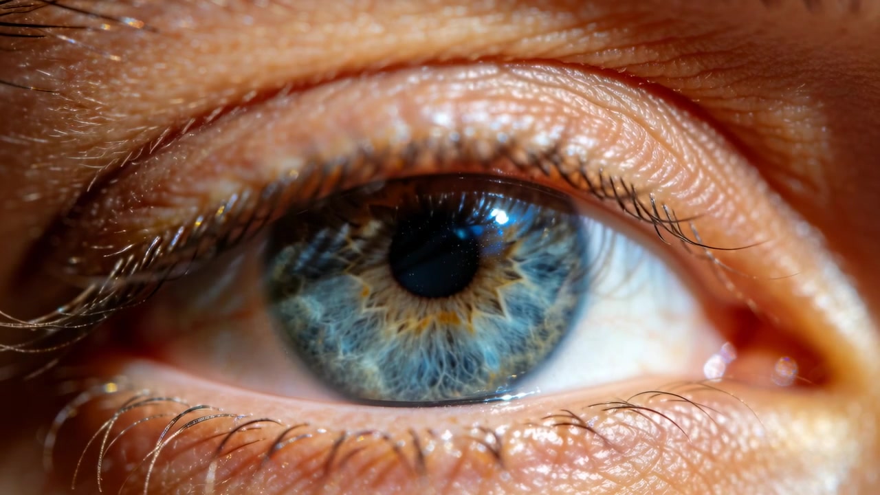 Reacting single human eye lowering lid, shifting gaze then opening in macro from corneal reflection