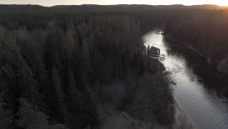 sunrise landscape, aerial flyover of mountains - river