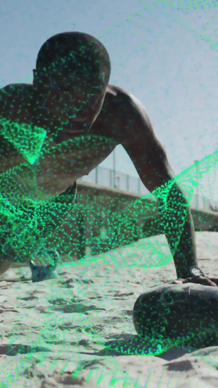 Vertical video: Man pressing weight bag, doing pushups while green dots mapping body for fitness
