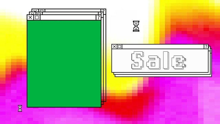 Animation of computer screen windows and sale text on colorful background