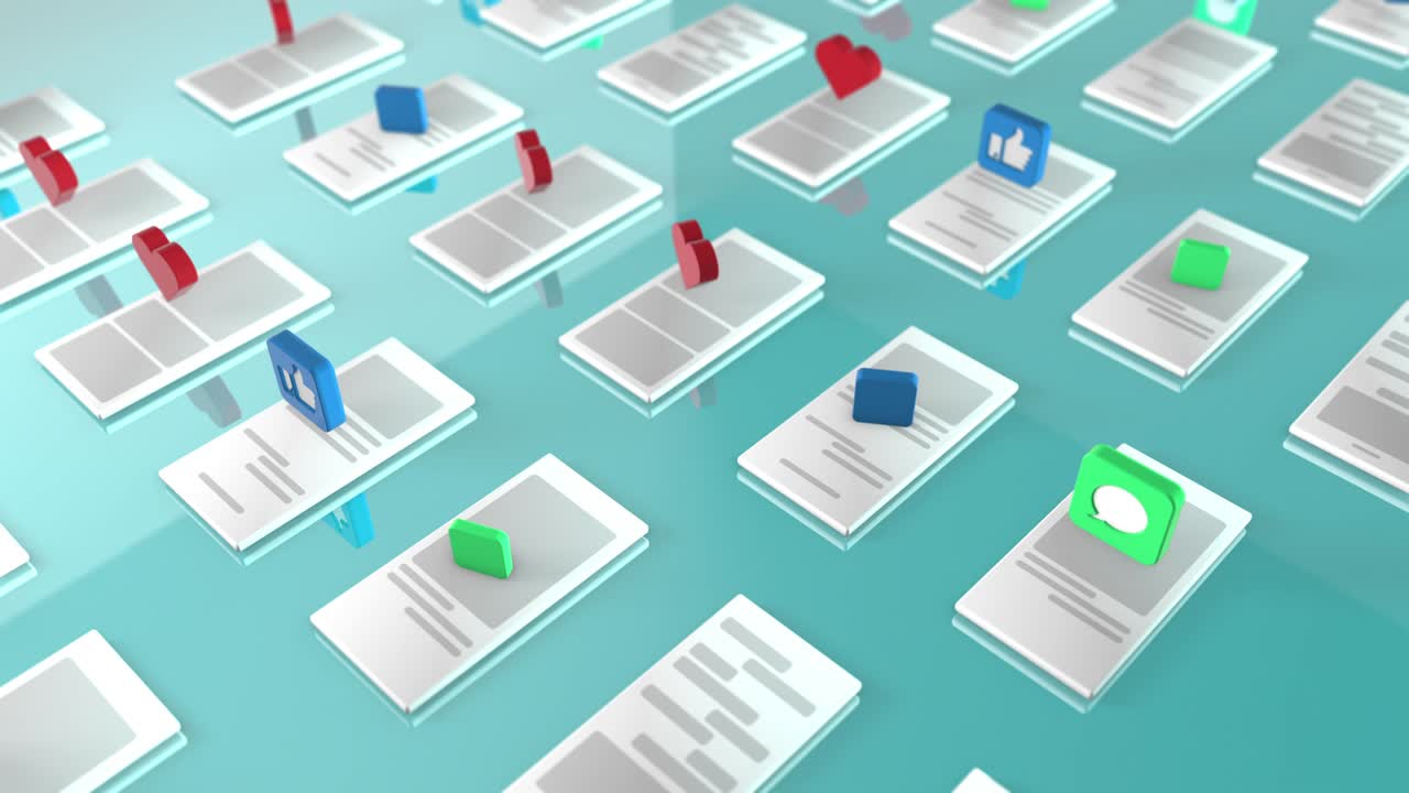 representación en 3d del fondo con los símbolos como, pulgar hacia arriba, mensaje recibido, correo electrónico recibido a través de teléfonos móviles. el concepto de una red social. animación cíclica. colores azules