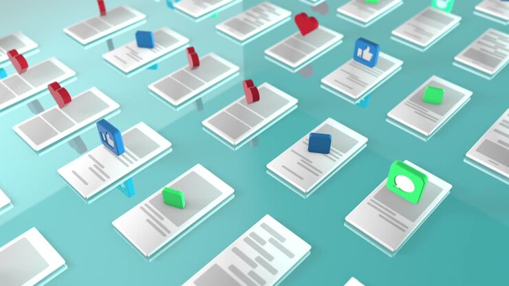3d rendering of the background with the symbols like , thumbs up , received message , received email over mobile phones. The concept of a social network. Cyclic animation. Blue colors