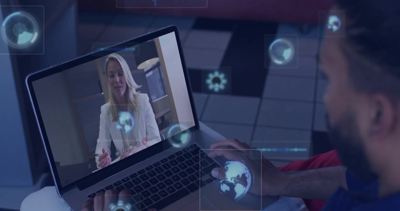 Utente maschio che regola il trackpad, pannelli di consulenza remota che si allineano e un globo pulsante per il business