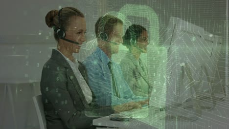 animazione del lucchetto di sicurezza e elaborazione dei dati su uomini d'affari.