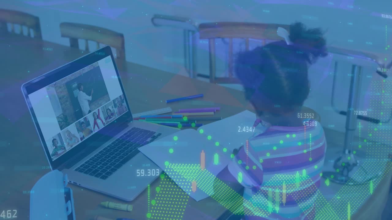 Animation of multiple graphs with changing numbers, diverse girl taking online classes using laptop