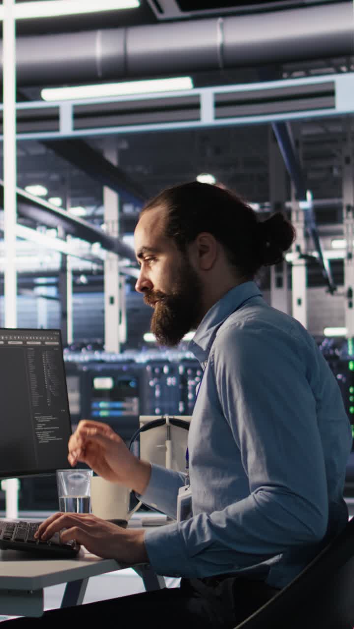 Vertical video Data center system administrator talking with coworker in office