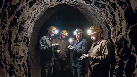 miners inspecting minerals in a mine tunnel