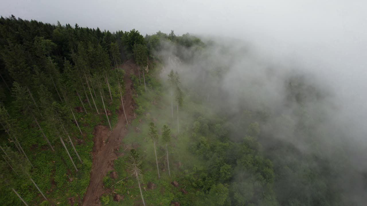 órbita aérea sobre la cima de la montaña cubierta de nubes